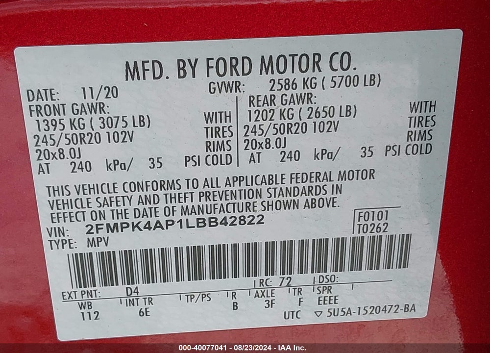 2020 FORD EDGE ST VIN: 2FMPK4AP1LBB42822