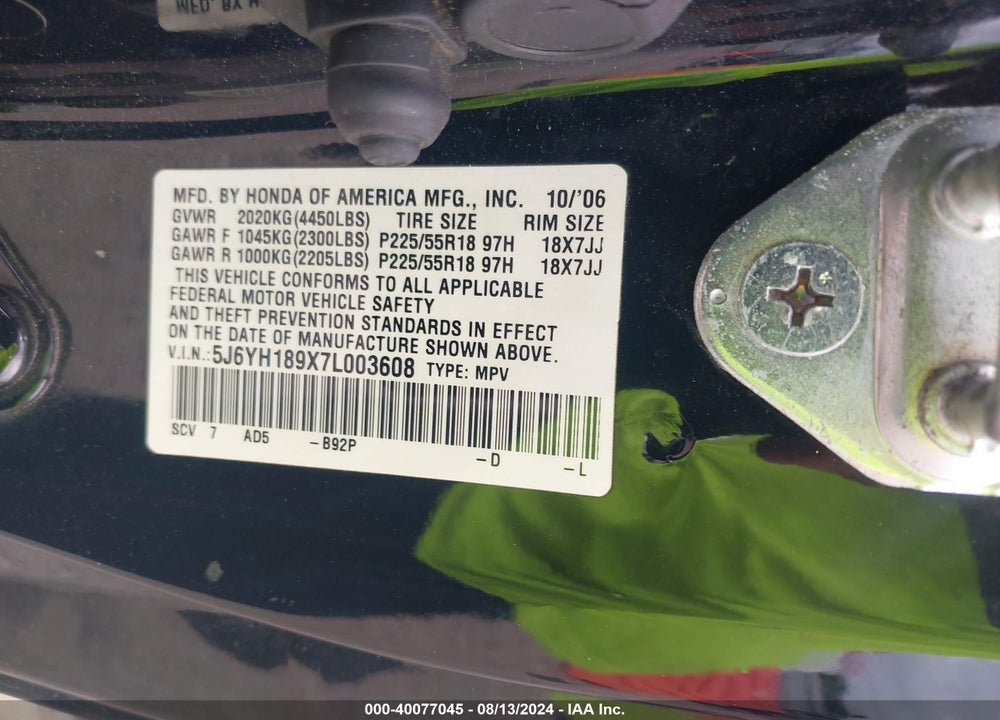 2007 HONDA ELEMENT SC VIN: 5J6YH189X7L003608