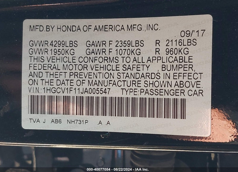 2018 HONDA ACCORD LX VIN: 1HGCV1F11JA005547