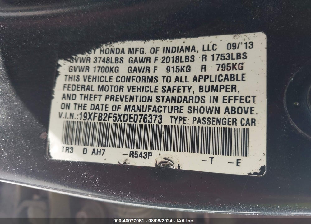 2013 HONDA CIVIC LX VIN: 19XFB2F5XDE076373