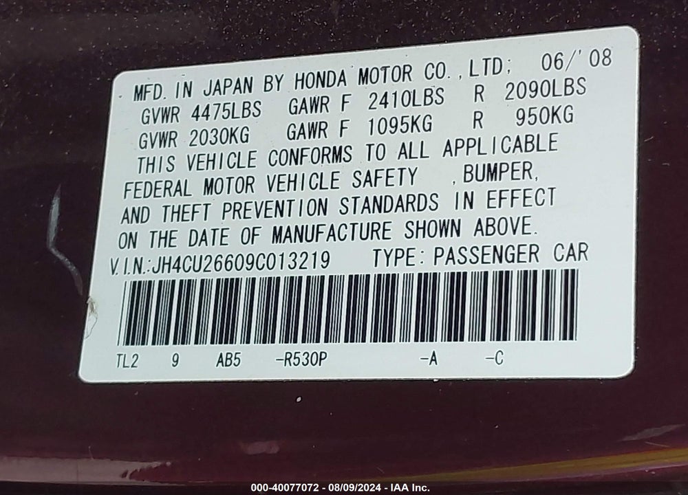 2009 ACURA TSX VIN: JH4CU26609C013219