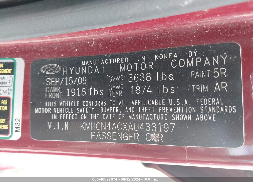 2010 HYUNDAI ACCENT GLS VIN: KMHCN4ACXAU433197