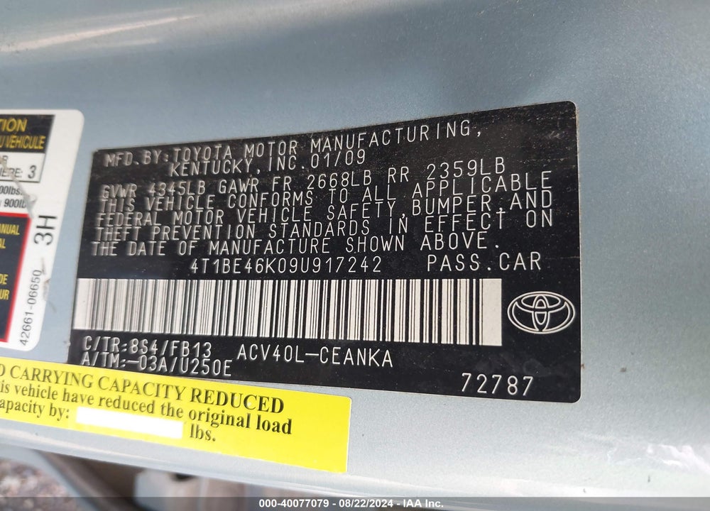 2009 TOYOTA CAMRY LE VIN: 4T1BE46K09U917242