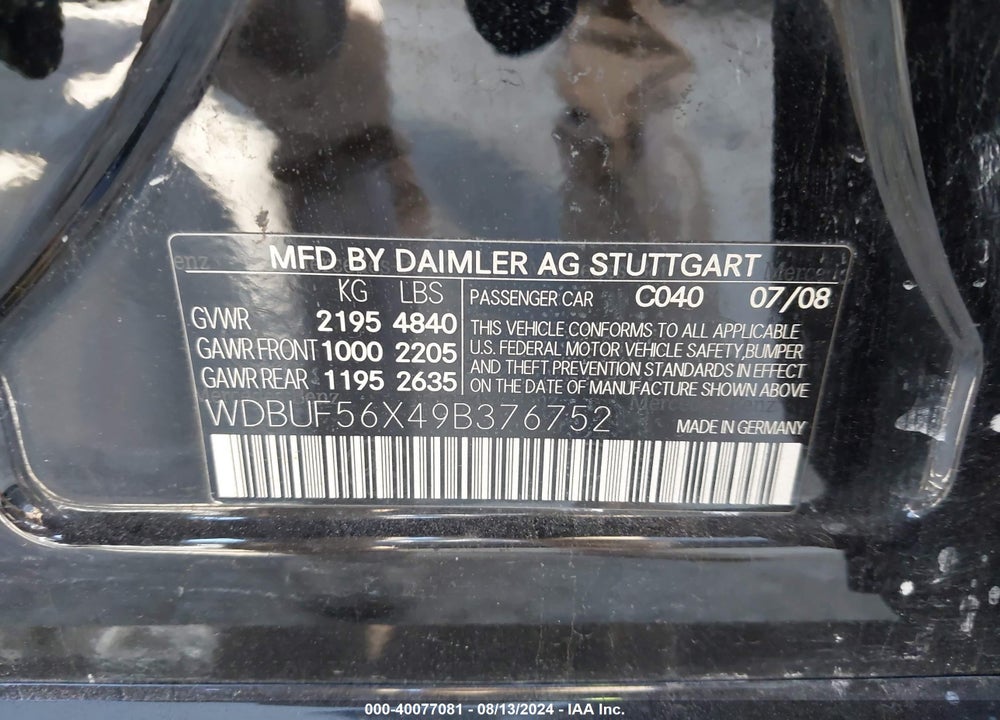 2009 MERCEDES-BENZ E 350 VIN: WDBUF56X49B376752
