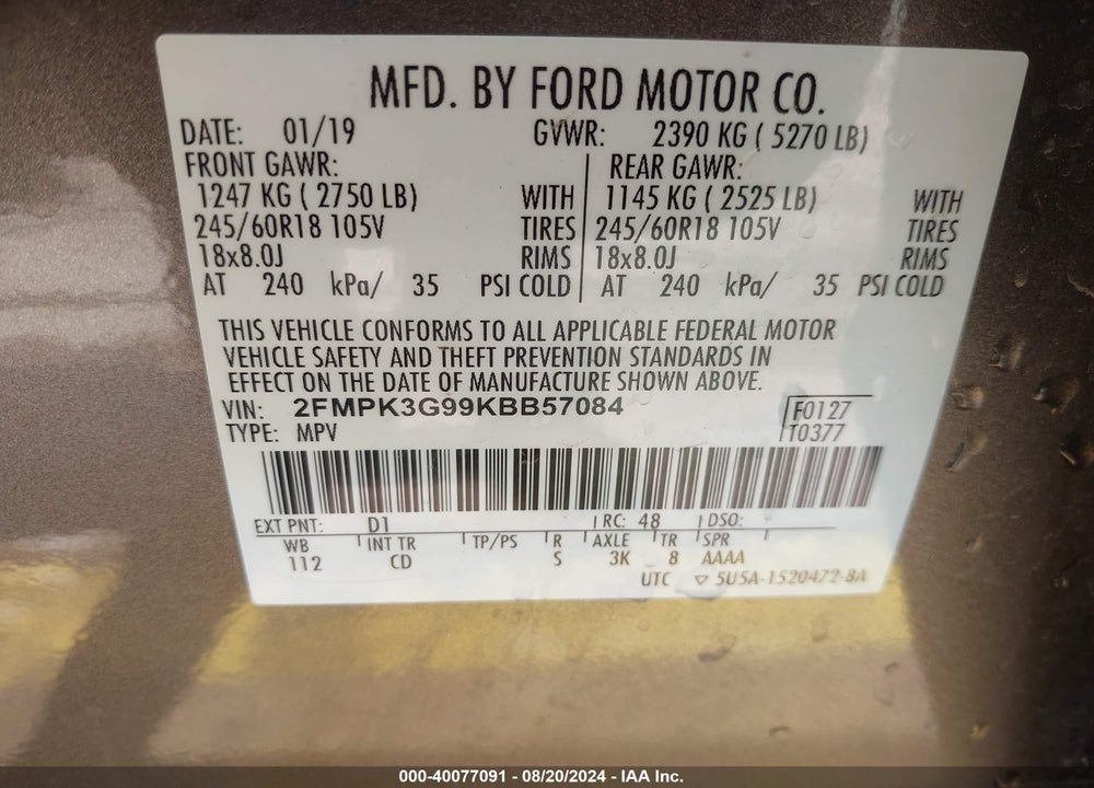 2019 FORD EDGE SE VIN: 2FMPK3G99KBB57084