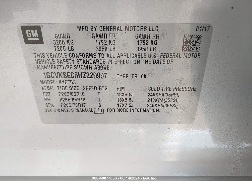 2017 CHEVROLET SILVERADO 1500 1LZ VIN: 1GCVKSEC6HZ229997