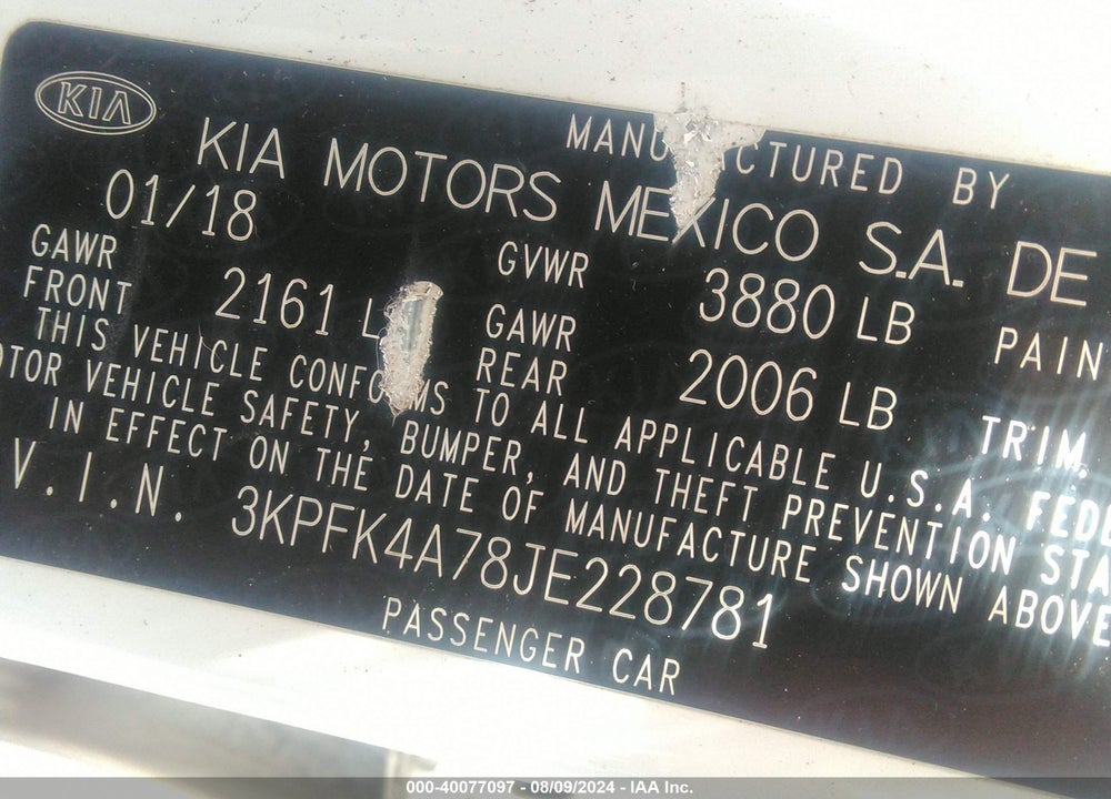 2018 KIA FORTE LX VIN: 3KPFK4A78JE228781