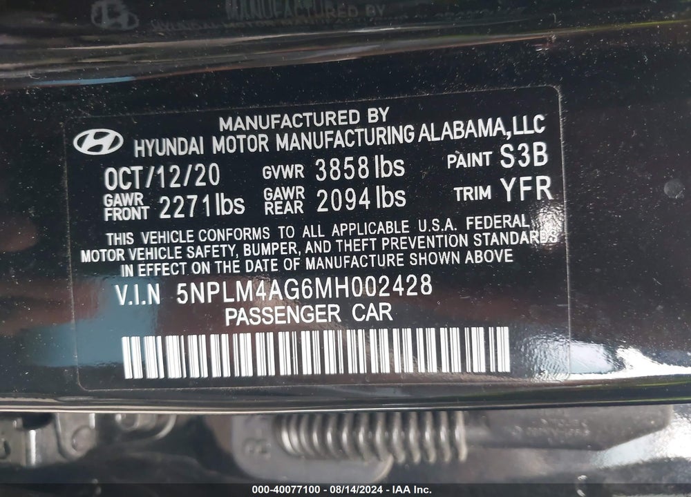 2021 HYUNDAI ELANTRA SEL VIN: 5NPLM4AG6MH002428