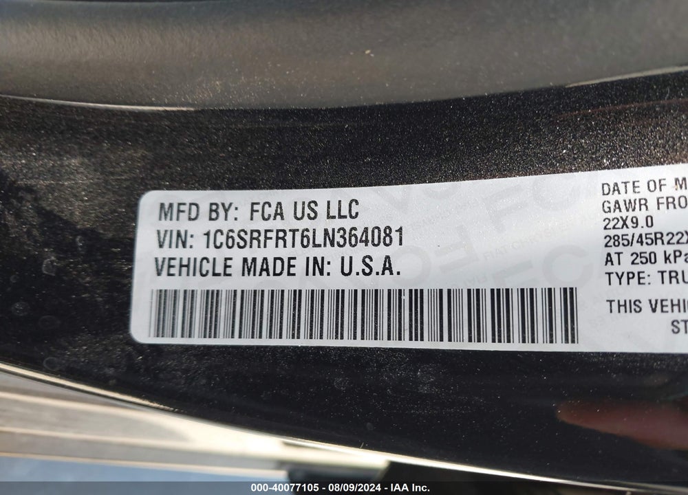 2020 RAM 1500 LAIE  4X4 6'4 BOX VIN: 1C6SRFRT6LN364081