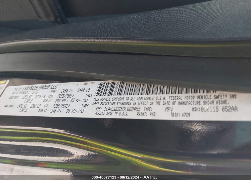 2013 JEEP WRANGLER UNLIMITED VIN: 1C4HJWDG5DL668455