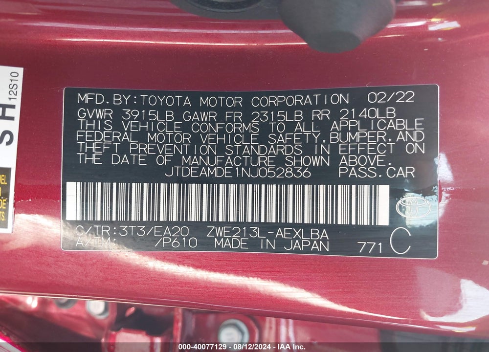 2022 TOYOTA COROLLA HYBRID LE VIN: JTDEAMDE1NJ052836