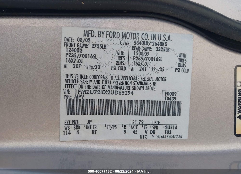 2002 FORD EXPLORER XLS VIN: 1FMZU72KX2UD65294