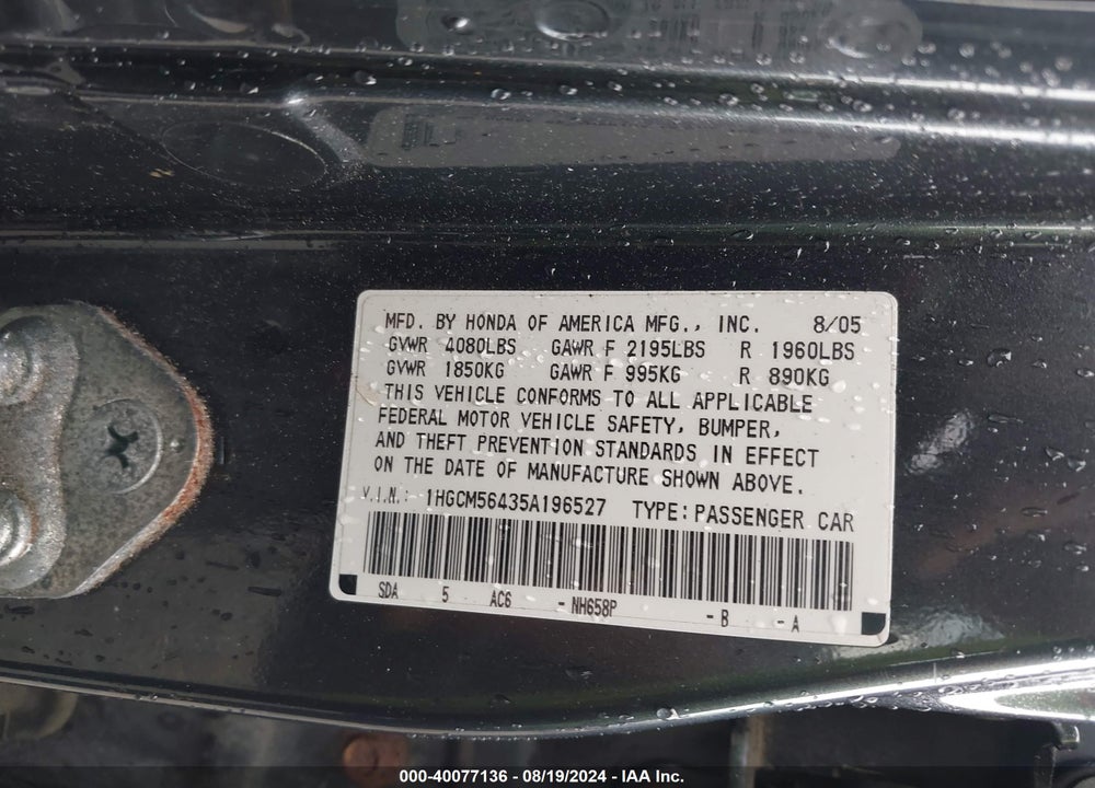 2005 HONDA ACCORD 2.4 LX VIN: 1HGCM56435A196527