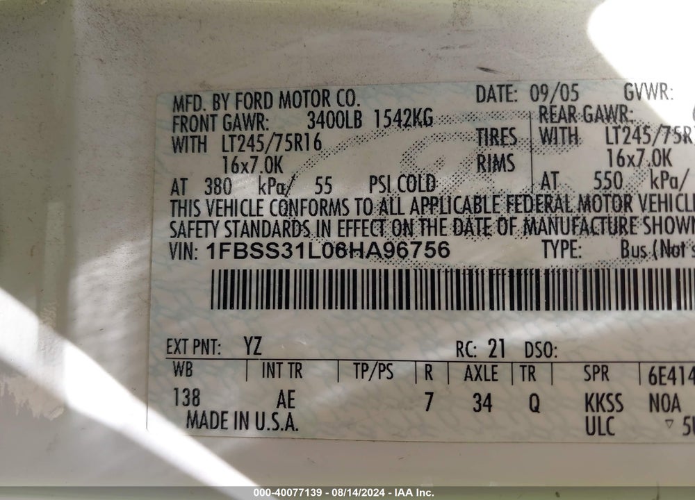 2006 FORD E-350 SUPER DUTY XL/XLT VIN: 1FBSS31L06HA96756