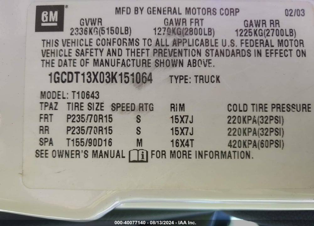 2003 CHEVROLET S-10 LS VIN: 1GCDT13X03K151064