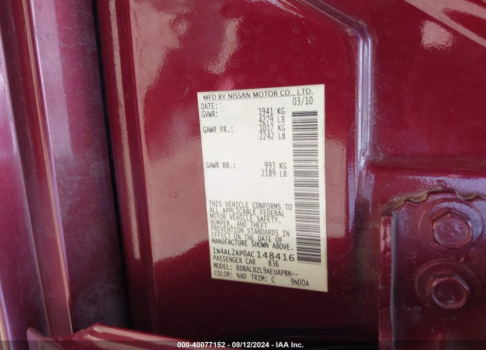 2010 NISSAN ALTIMA 2.5 S VIN: 1N4AL2AP0AC148416