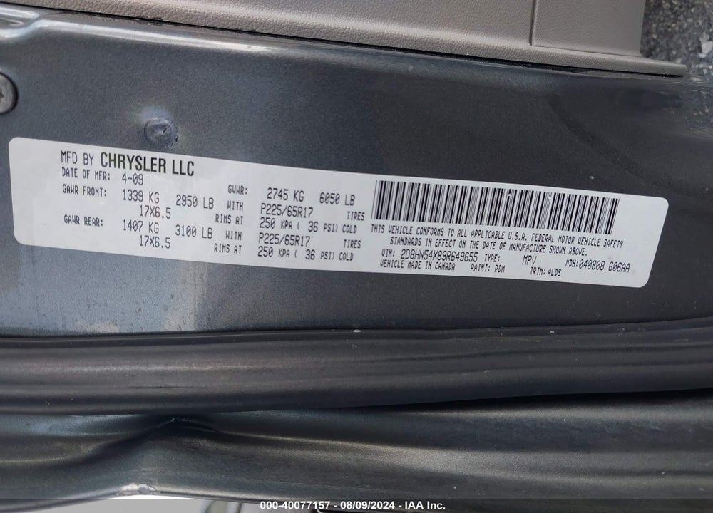 2009 DODGE GRAND CARAVAN SXT VIN: 2D8HN54X89R649655