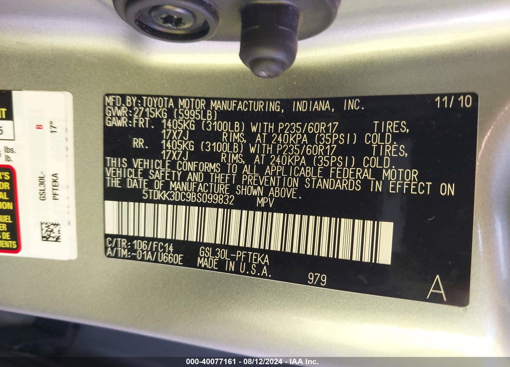 2011 TOYOTA SIENNA LE V6 AUTO ACCESS SEAT VIN: 5TDKK3DC9BS099832