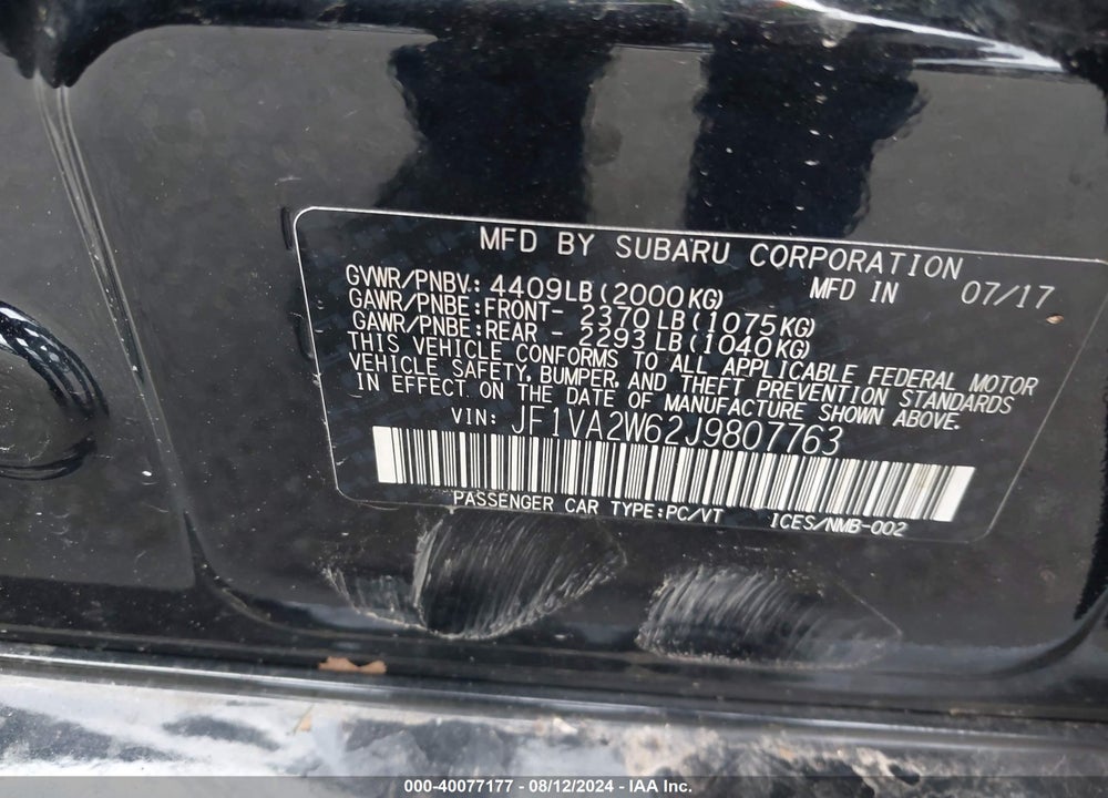 2018 SUBARU WRX STI LIMITED VIN: JF1VA2W62J9807763