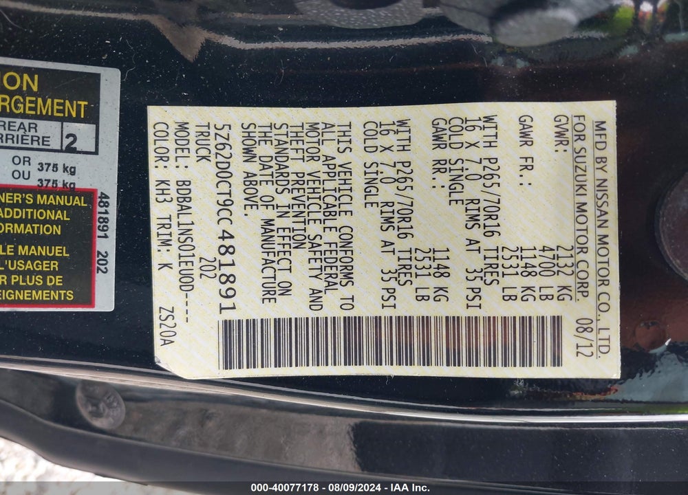2012 SUZUKI EQUATOR PREMIUM VIN: 5Z62D0CT9CC481891