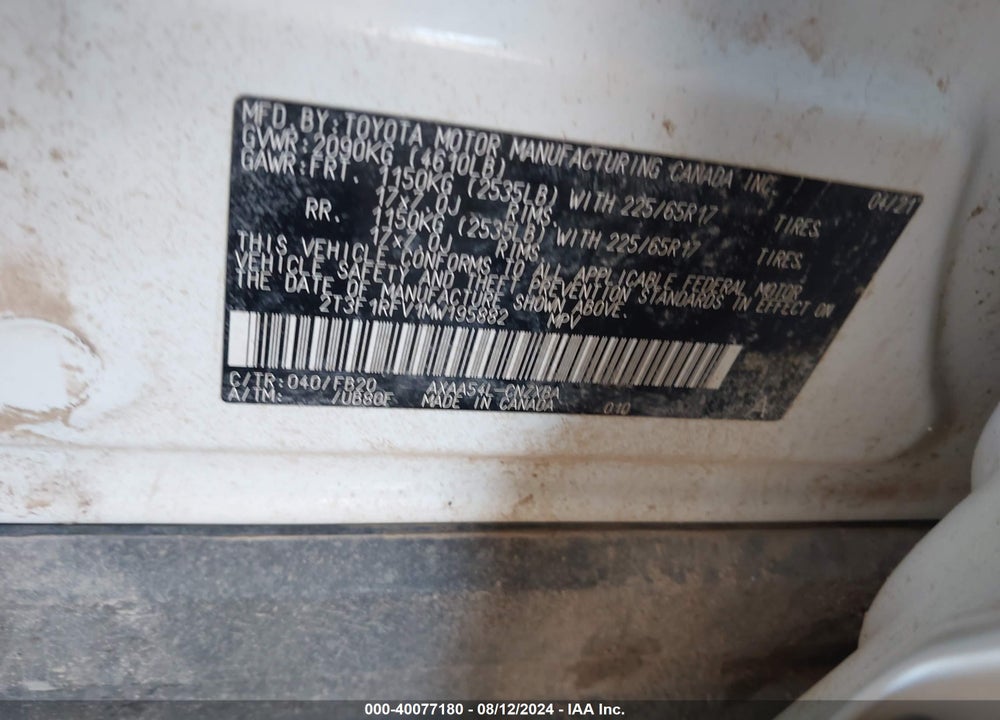 2021 TOYOTA RAV4 LE VIN: 2T3F1RFV1MW195882