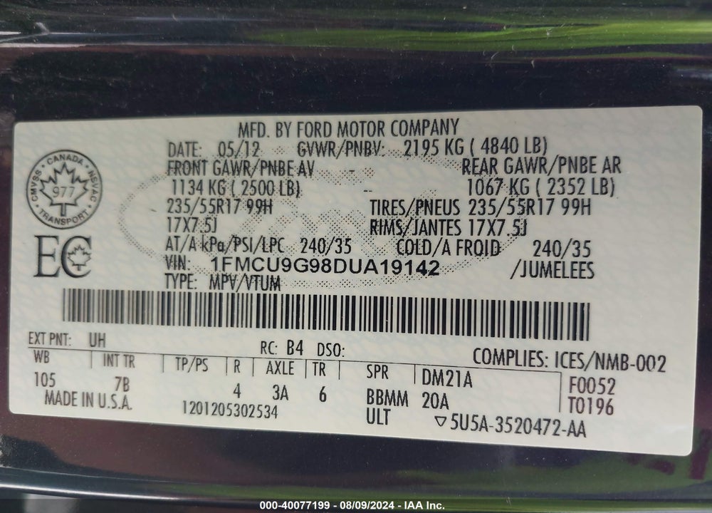2013 FORD ESCAPE SE VIN: 1FMCU9G98DUA19142