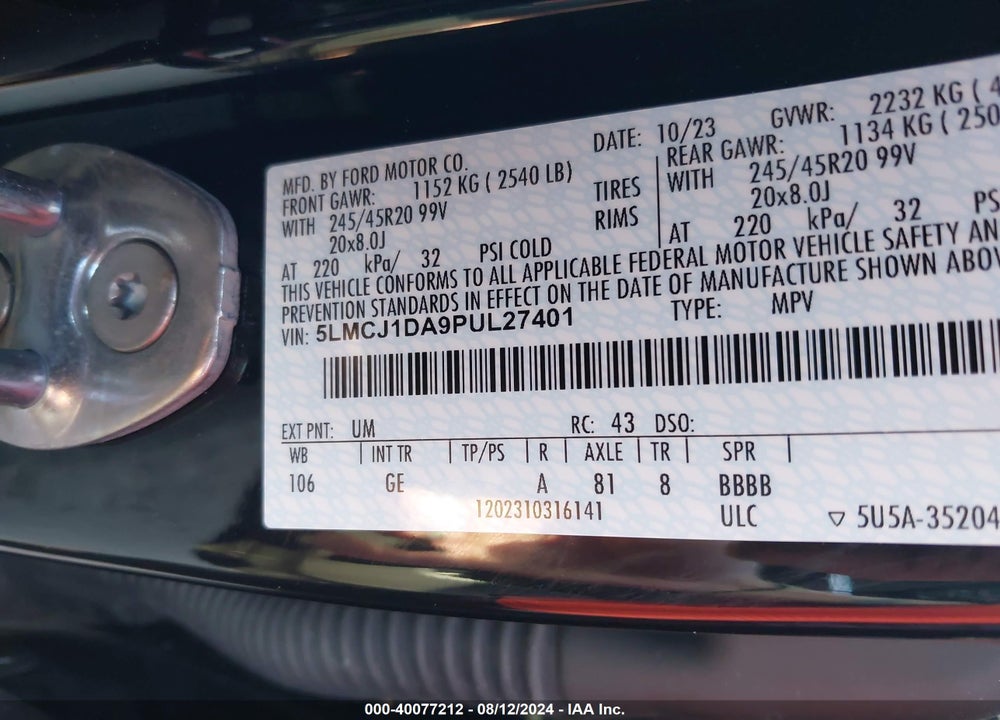 2023 LINCOLN CORSAIR STANDARD VIN: 5LMCJ1DA9PUL27401