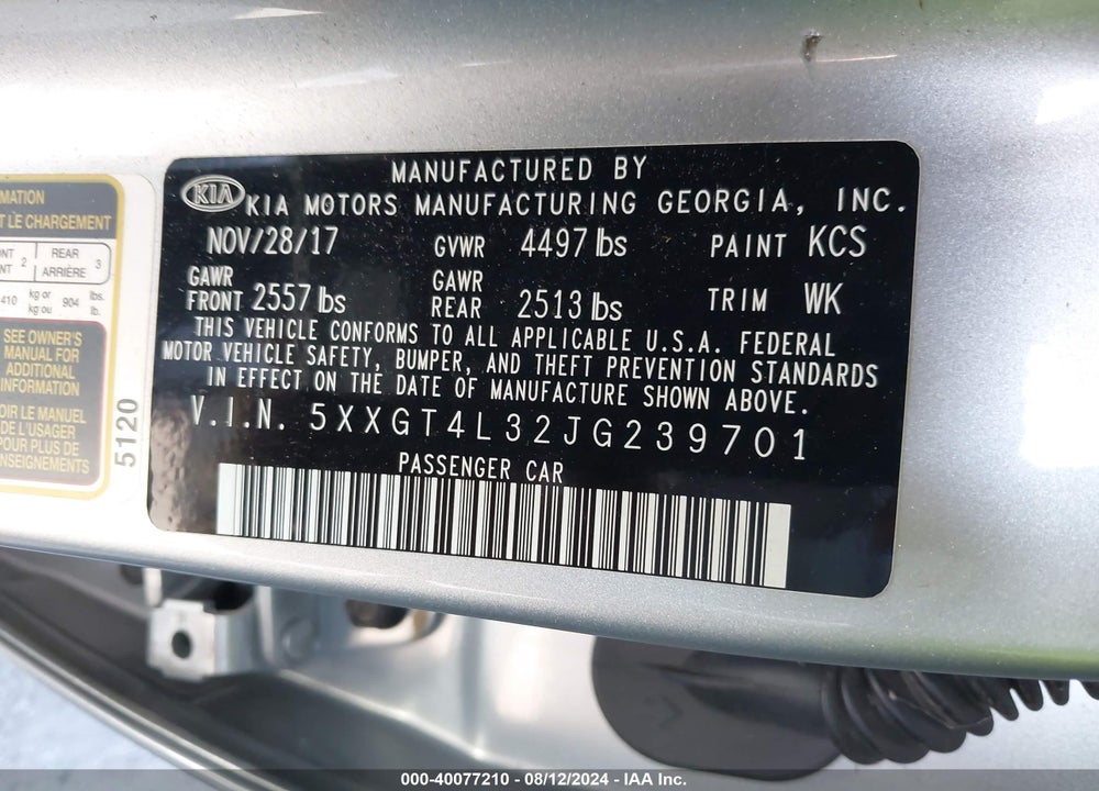 2018 KIA OPTIMA LX VIN: 5XXGT4L32JG239701