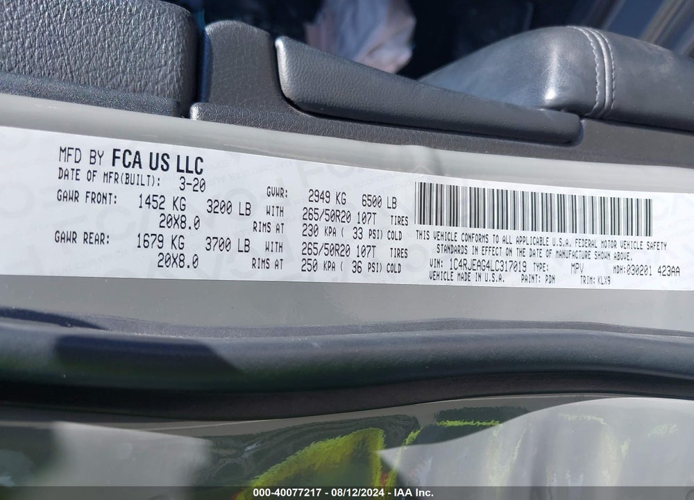 2020 JEEP GRAND CHEROKEE ALTITUDE 4X2 VIN: 1C4RJEAG4LC317019