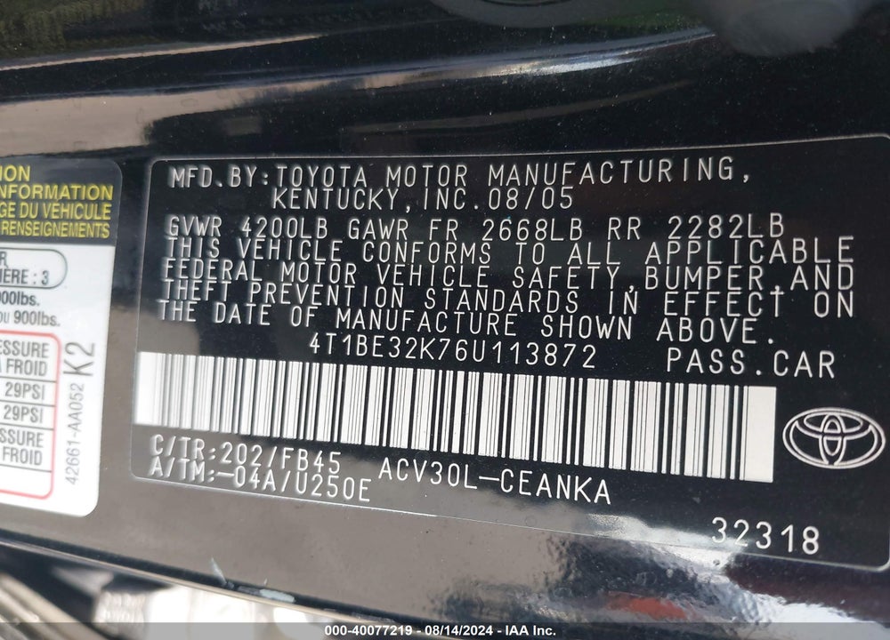 2006 TOYOTA CAMRY VIN: 4T1BE32K76U113872