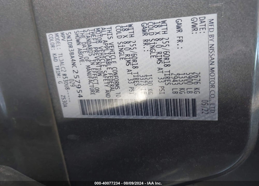 2022 NISSAN PATHFINDER SV 2WD VIN: 5N1DR3BA4NC257954