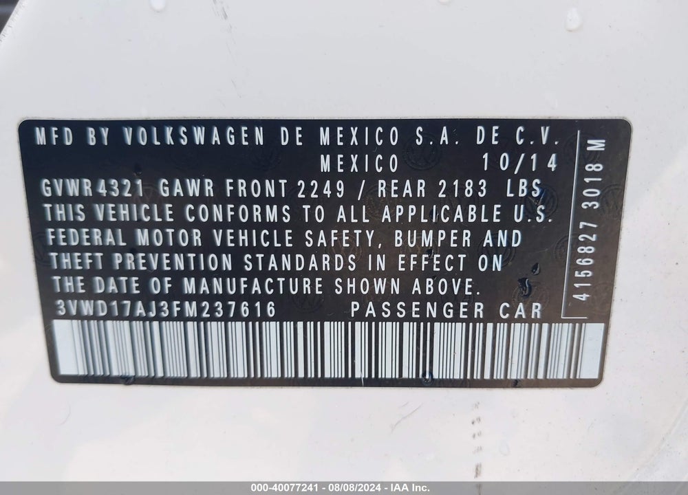 2015 VOLKSWAGEN JETTA 1.8T SE VIN: 3VWD17AJ3FM237616