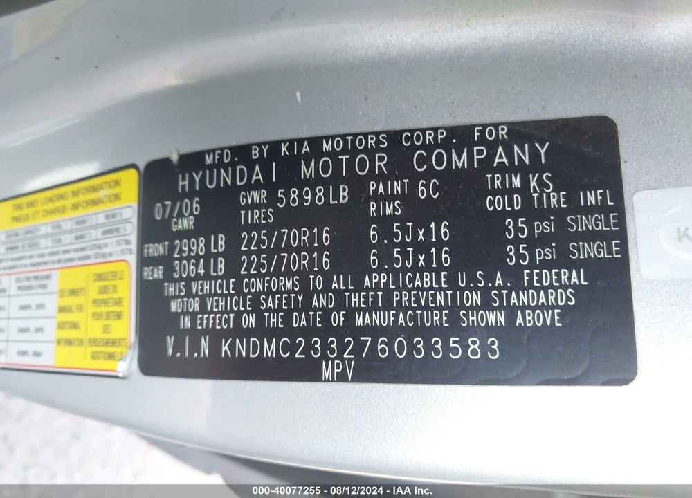 2007 HYUNDAI ENTOURAGE GLS/LIMITED/SE VIN: KNDMC233276033583