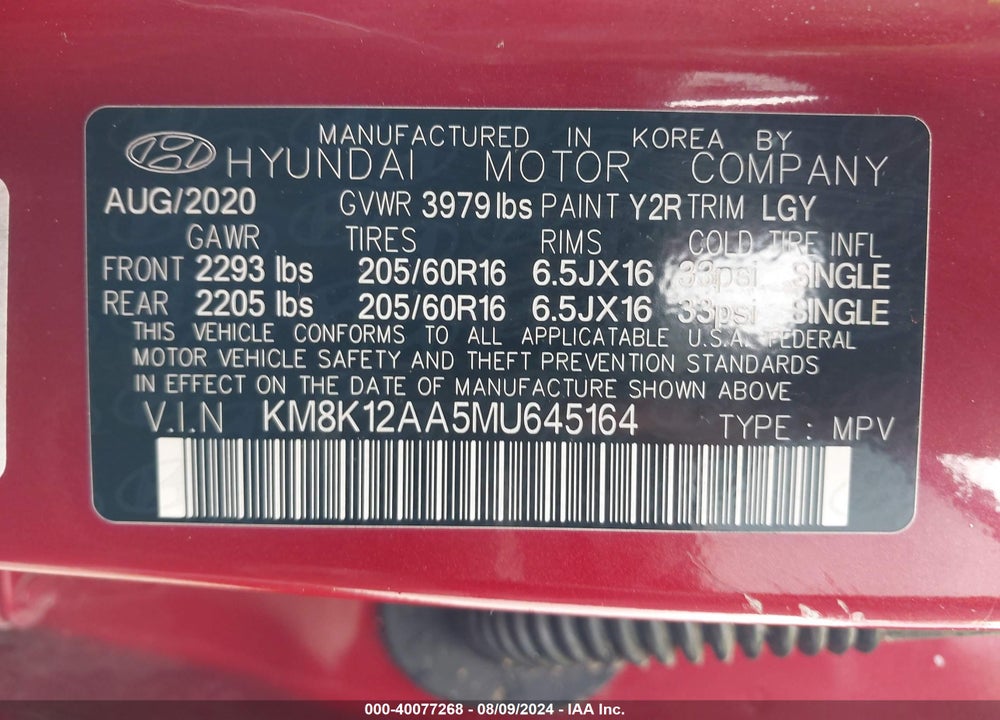 2021 HYUNDAI KONA SE VIN: KM8K12AA5MU645164
