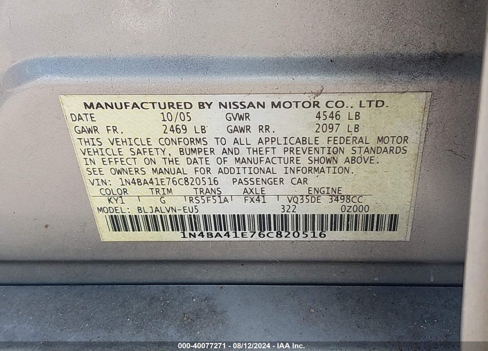 2006 NISSAN MAXIMA 3.5 SE VIN: 1N4BA41E76C820516