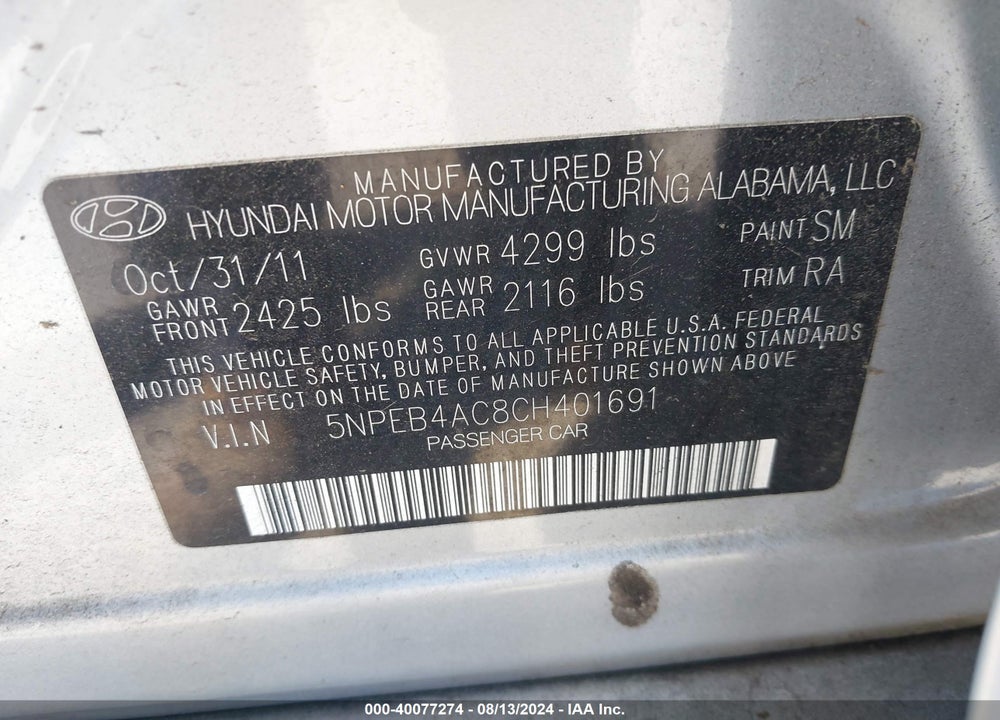 2012 HYUNDAI SONATA GLS VIN: 5NPEB4AC8CH401691