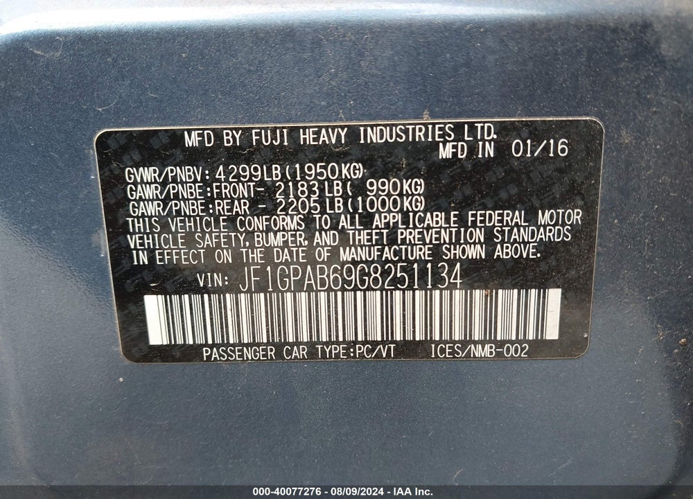 2016 SUBARU IMPREZA 2.0I PREMIUM VIN: JF1GPAB69G8251134