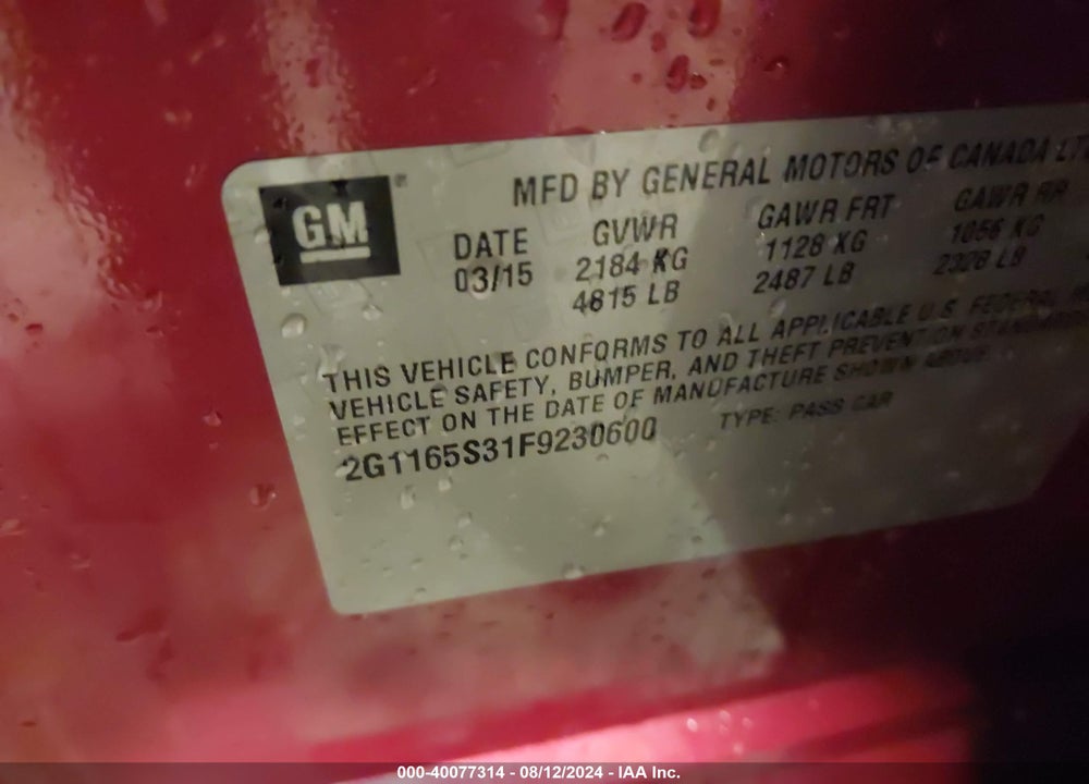 2015 CHEVROLET IMPALA 2LZ VIN: 2G1165S31F9230600