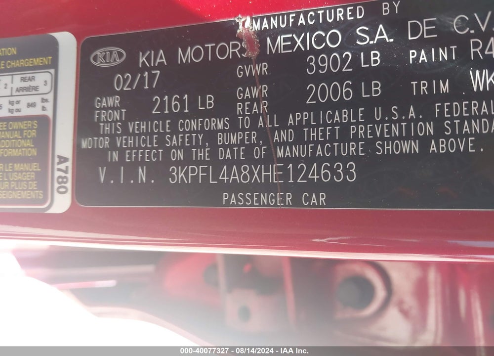 2017 KIA FORTE EX VIN: 3KPFL4A8XHE124633