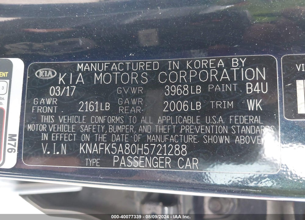 2017 KIA FORTE LX VIN: KNAFK5A80H5721288