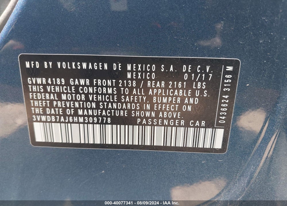 2017 VOLKSWAGEN JETTA 1.4T SE VIN: 3VWDB7AJ6HM309778