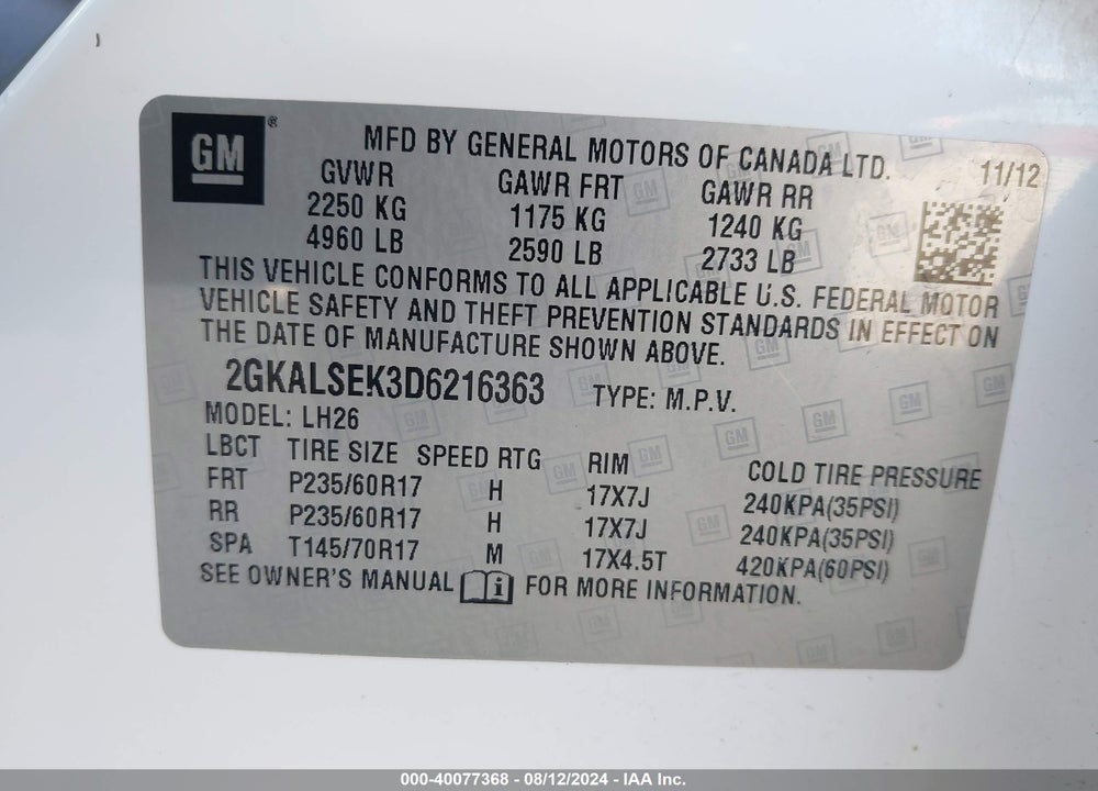 2013 GMC TERRAIN SLE-2 VIN: 2GKALSEK3D6216363