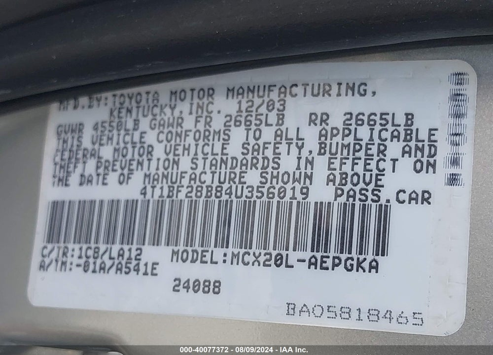 2004 TOYOTA AVALON XLS VIN: 4T1BF28B84U356019