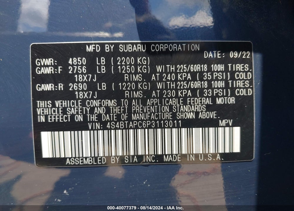 2023 SUBARU OUTBACK TOURING VIN: 4S4BTAPC6P3113011