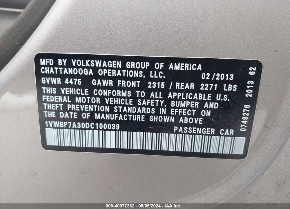 2013 VOLKSWAGEN PASSAT 2.5L SE VIN: 1VWBP7A30DC100039