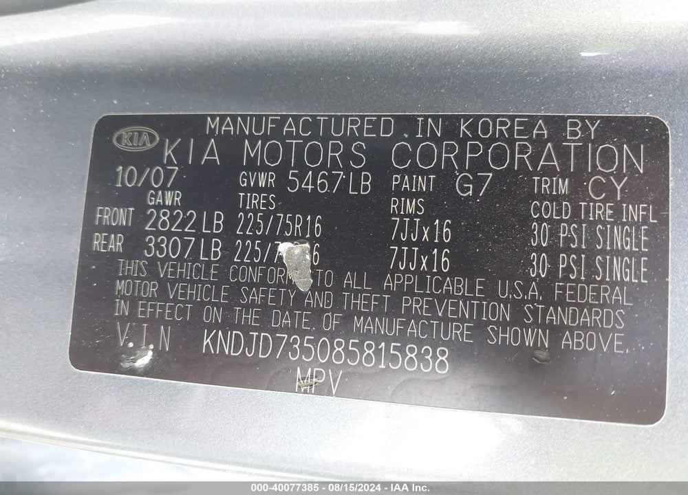 2008 KIA SORENTO VIN: KNDJD735085815838