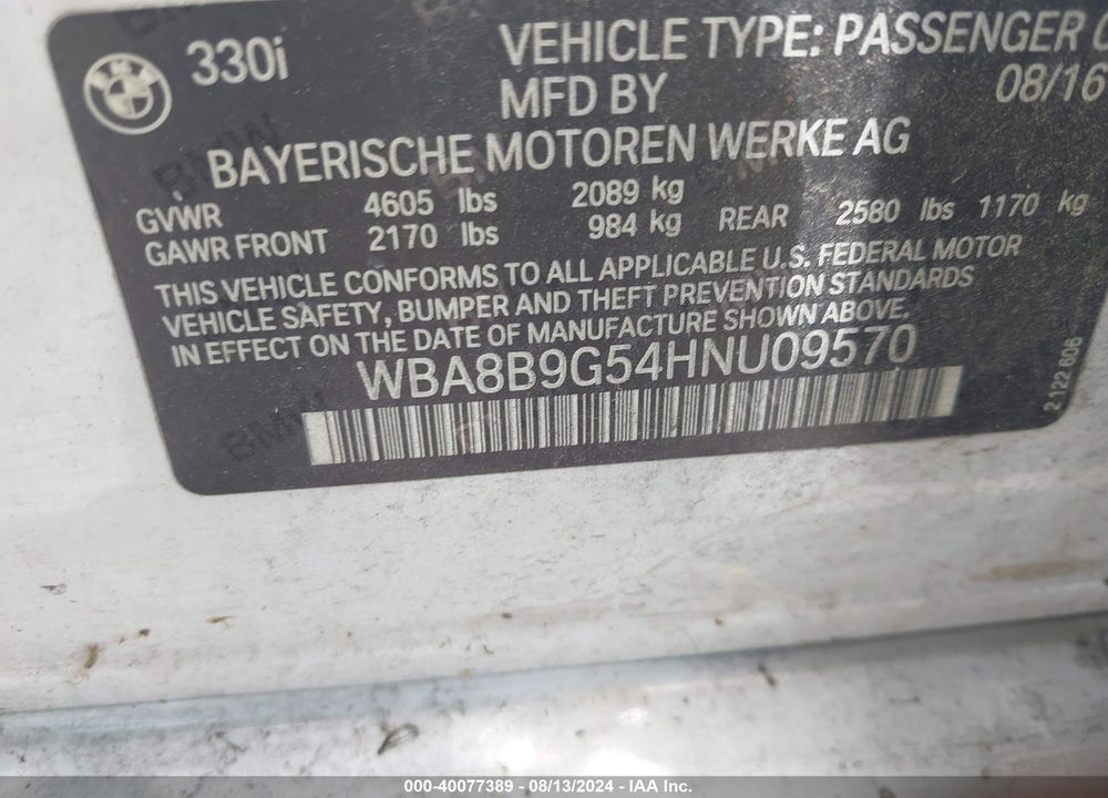 2017 BMW 330I VIN: WBA8B9G54HNU09570