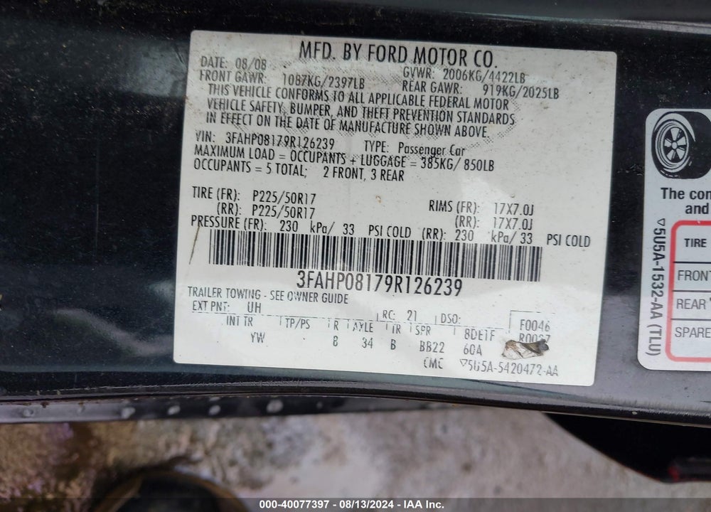 2009 FORD FUSION SEL VIN: 3FAHP08179R126239