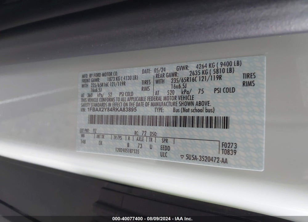 2024 FORD TRANSIT-350 PASSENGER VAN VIN: 1FBAX2Y84RKA83895