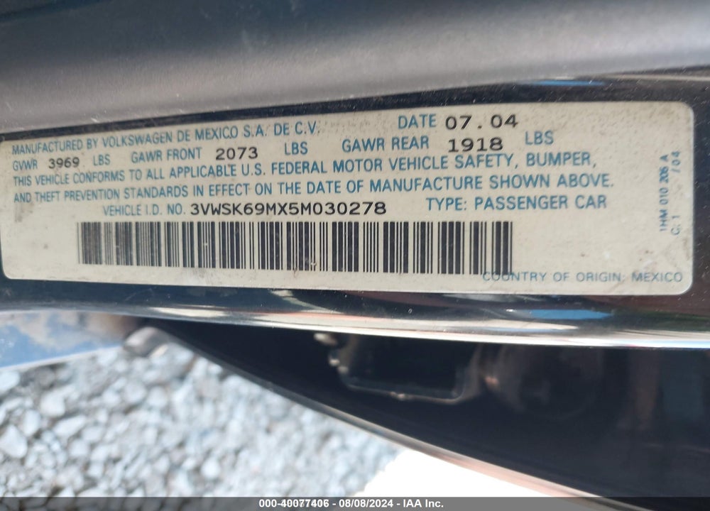 2005 VOLKSWAGEN JETTA GLS 2.0L VIN: 3VWSK69MX5M030278